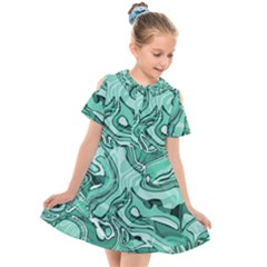 Biscay Green Swirls Kids  Short Sleeve Shirt Dress by SpinnyChairDesigns