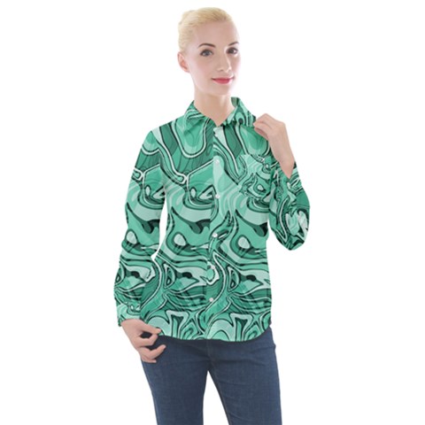 Biscay Green Swirls Women s Long Sleeve Pocket Shirt by SpinnyChairDesigns