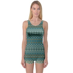 Boho Teal Green Stripes One Piece Boyleg Swimsuit by SpinnyChairDesigns