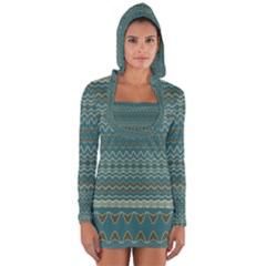 Boho Teal Green Stripes Long Sleeve Hooded T-shirt by SpinnyChairDesigns