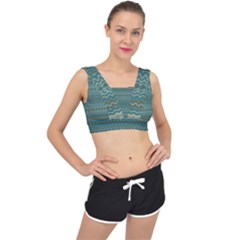 Boho Teal Green Stripes V-back Sports Bra by SpinnyChairDesigns