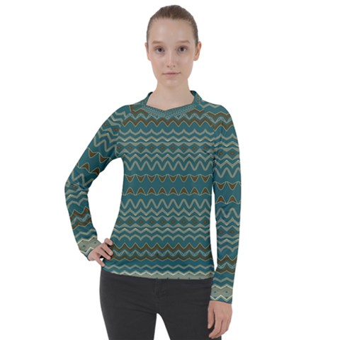 Boho Teal Green Stripes Women s Pique Long Sleeve Tee by SpinnyChairDesigns