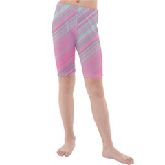 Turquoise And Pink Striped Kids  Mid Length Swim Shorts by SpinnyChairDesigns