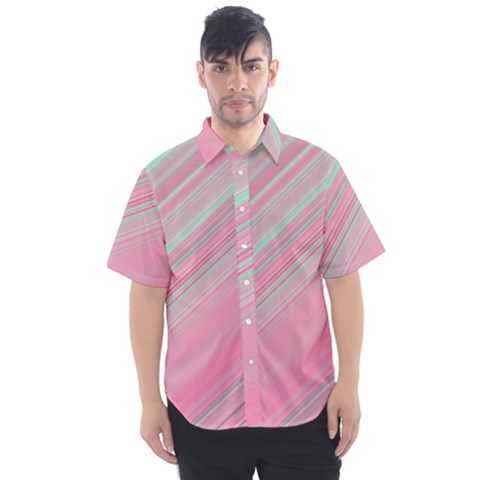 Turquoise And Pink Striped Men s Short Sleeve Shirt by SpinnyChairDesigns