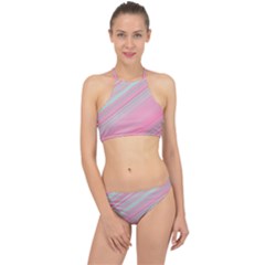 Turquoise And Pink Striped Racer Front Bikini Set by SpinnyChairDesigns