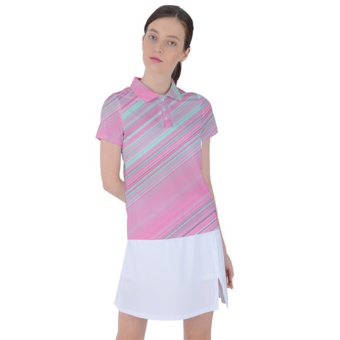 Turquoise And Pink Striped Women s Polo Tee by SpinnyChairDesigns