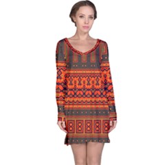 Boho Aztec Rust Orange Color Stripes Long Sleeve Nightdress by SpinnyChairDesigns