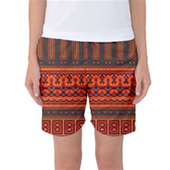 Boho Aztec Rust Orange Color Stripes Women s Basketball Shorts by SpinnyChairDesigns