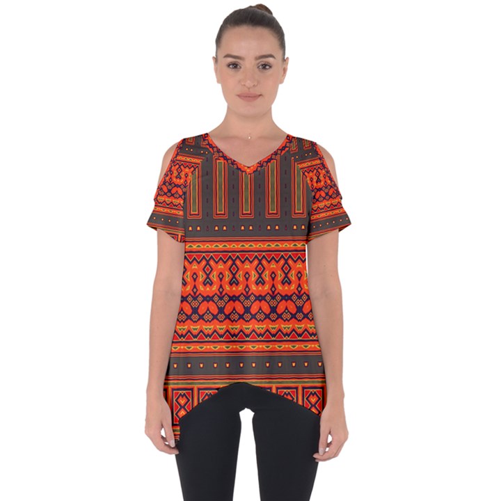 Boho Aztec Rust Orange Color Stripes Cut Out Side Drop Tee