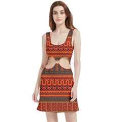 Boho Aztec Rust Orange Color Stripes Velvet Cutout Dress by SpinnyChairDesigns