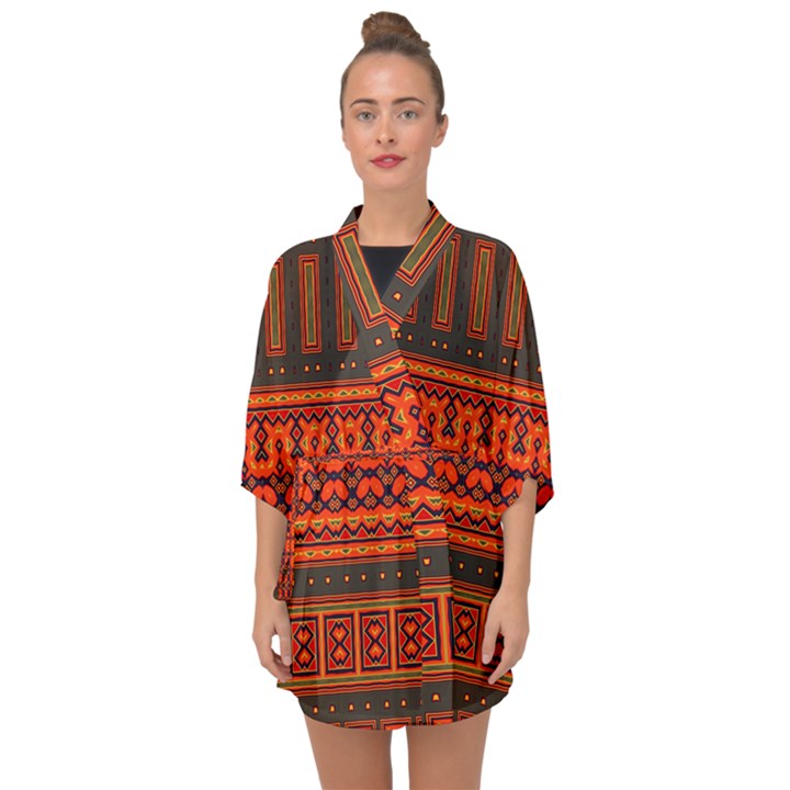 Boho Aztec Rust Orange Color Stripes Half Sleeve Chiffon Kimono