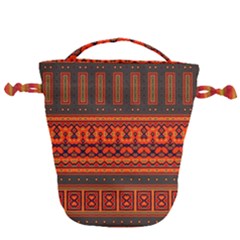 Boho Aztec Rust Orange Color Stripes Drawstring Bucket Bag by SpinnyChairDesigns