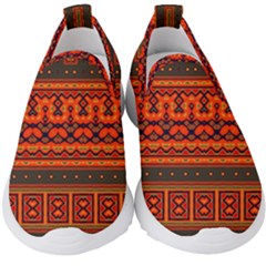 Boho Aztec Rust Orange Color Stripes Kids  Slip On Sneakers by SpinnyChairDesigns