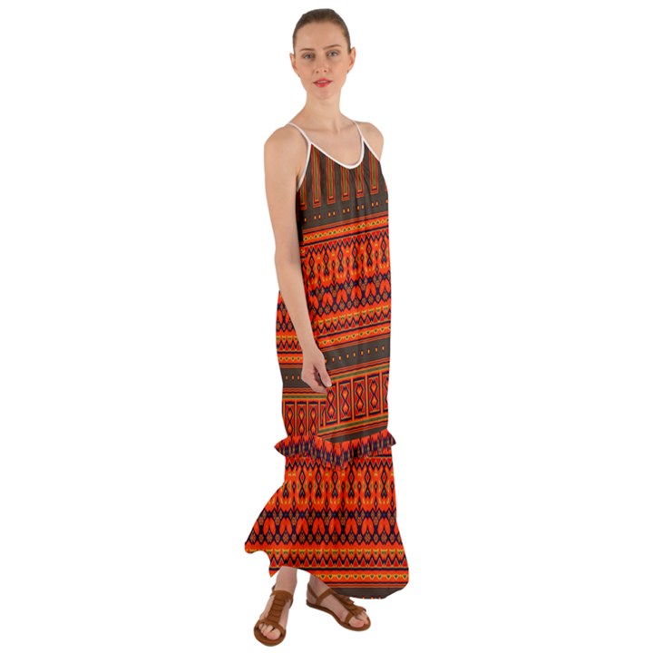 Boho Aztec Rust Orange Color Stripes Cami Maxi Ruffle Chiffon Dress