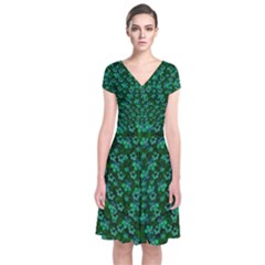 Leaf Forest And Blue Flowers In Peace Short Sleeve Front Wrap Dress by pepitasart