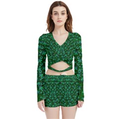 Leaf Forest And Blue Flowers In Peace Velvet Wrap Crop Top by pepitasart