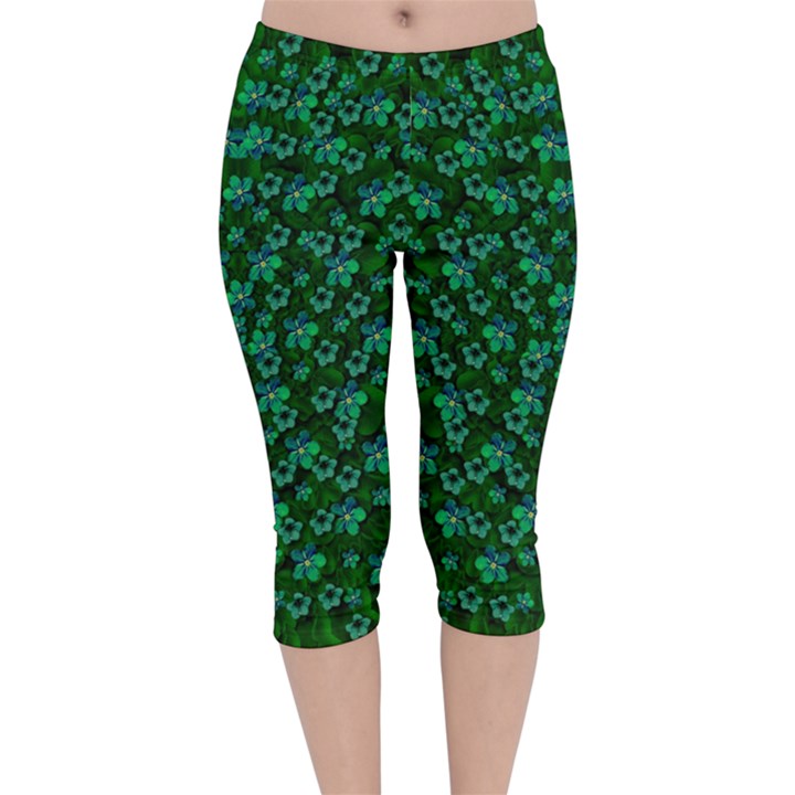 Leaf Forest And Blue Flowers In Peace Velvet Capri Leggings 