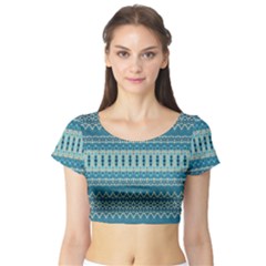 Boho Blue Teal Striped Short Sleeve Crop Top by SpinnyChairDesigns