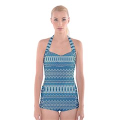 Boho Blue Teal Striped Boyleg Halter Swimsuit  by SpinnyChairDesigns