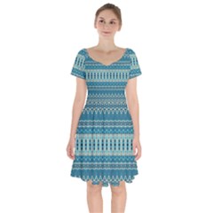 Boho Blue Teal Striped Short Sleeve Bardot Dress by SpinnyChairDesigns