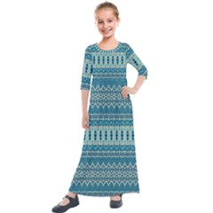 Boho Blue Teal Striped Kids  Quarter Sleeve Maxi Dress by SpinnyChairDesigns