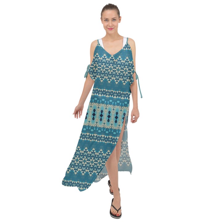 Boho Blue Teal Striped Maxi Chiffon Cover Up Dress