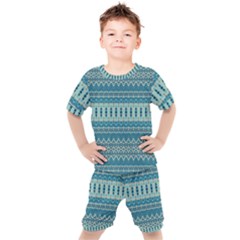 Boho Blue Teal Striped Kids  Tee And Shorts Set by SpinnyChairDesigns