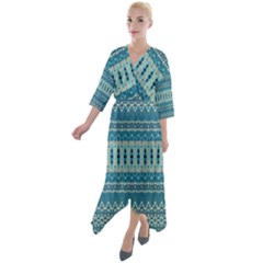 Boho Blue Teal Striped Quarter Sleeve Wrap Front Maxi Dress by SpinnyChairDesigns