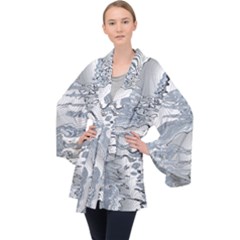 Faded Blue Grunge Long Sleeve Velvet Kimono  by SpinnyChairDesigns