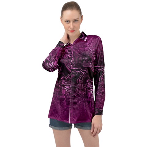 Magenta Black Swirl Long Sleeve Satin Shirt by SpinnyChairDesigns