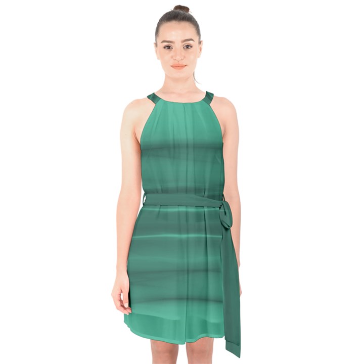 Biscay Green Ombre Halter Collar Waist Tie Chiffon Dress