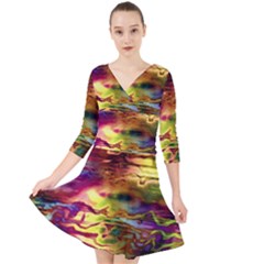 Electric Tie Dye Colors Quarter Sleeve Front Wrap Dress by SpinnyChairDesigns