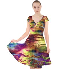 Electric Tie Dye Colors Cap Sleeve Front Wrap Midi Dress by SpinnyChairDesigns