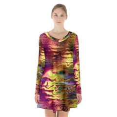 Electric Tie Dye Colors Long Sleeve Velvet V-neck Dress by SpinnyChairDesigns