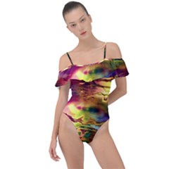 Electric Tie Dye Colors Frill Detail One Piece Swimsuit by SpinnyChairDesigns