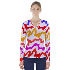 Multicolored Scribble Abstract Pattern V-neck Long Sleeve Top by dflcprintsclothing