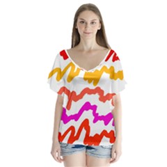 Multicolored Scribble Abstract Pattern V-neck Flutter Sleeve Top by dflcprintsclothing