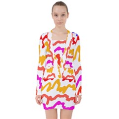 Multicolored Scribble Abstract Pattern V-neck Bodycon Long Sleeve Dress