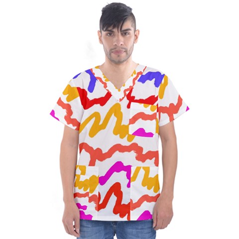 Multicolored Scribble Abstract Pattern Men s V-neck Scrub Top by dflcprintsclothing