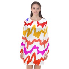 Multicolored Scribble Abstract Pattern Long Sleeve Chiffon Shift Dress 