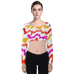 Multicolored Scribble Abstract Pattern Velvet Long Sleeve Crop Top by dflcprintsclothing