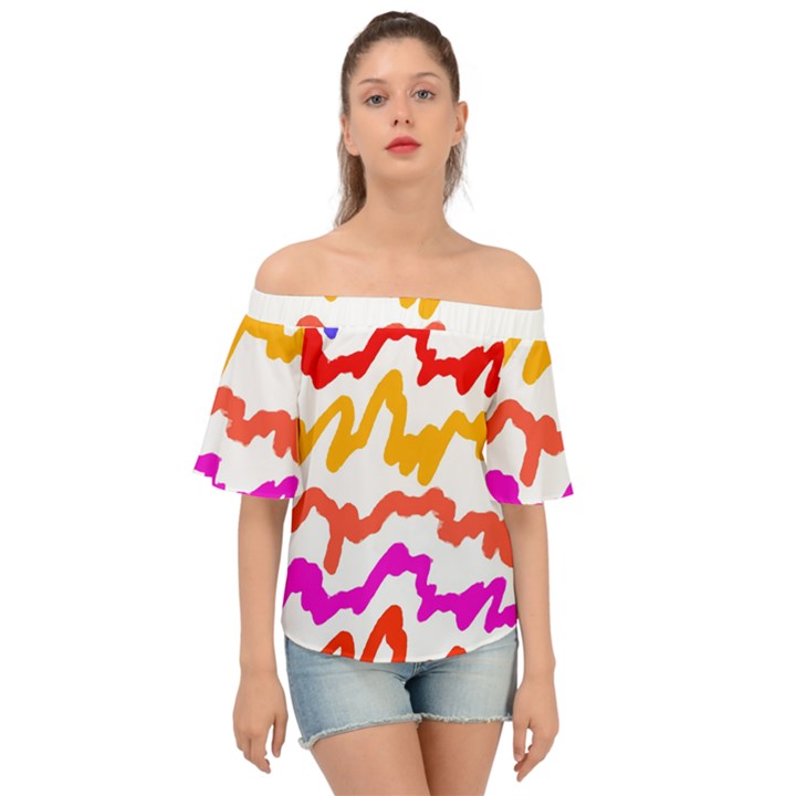 Multicolored Scribble Abstract Pattern Off Shoulder Short Sleeve Top