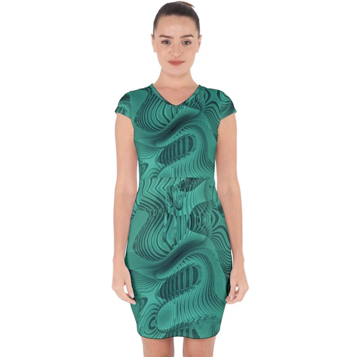 Biscay Green Swirls Capsleeve Drawstring Dress 