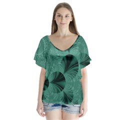 Biscay Green Black Spirals V-neck Flutter Sleeve Top by SpinnyChairDesigns