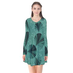 Biscay Green Black Spirals Long Sleeve V-neck Flare Dress by SpinnyChairDesigns