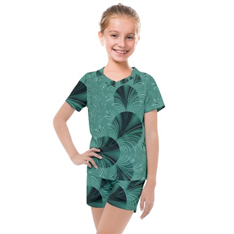 Biscay Green Black Spirals Kids  Mesh Tee And Shorts Set by SpinnyChairDesigns