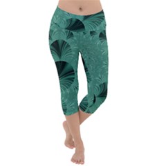 Biscay Green Black Spirals Lightweight Velour Capri Yoga Leggings by SpinnyChairDesigns