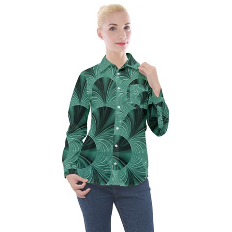 Biscay Green Black Spirals Women s Long Sleeve Pocket Shirt by SpinnyChairDesigns