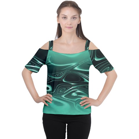 Biscay Green Black Swirls Cutout Shoulder Tee by SpinnyChairDesigns