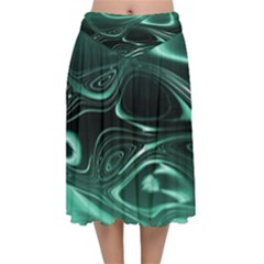 Biscay Green Black Swirls Velvet Flared Midi Skirt by SpinnyChairDesigns